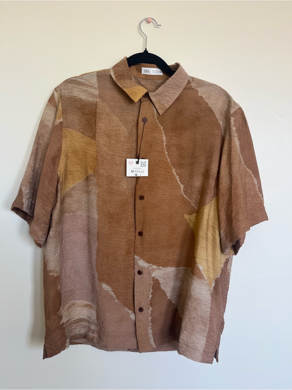 Zara Brown and Yellow Abstract Short-Sleeve Button Down Shirt